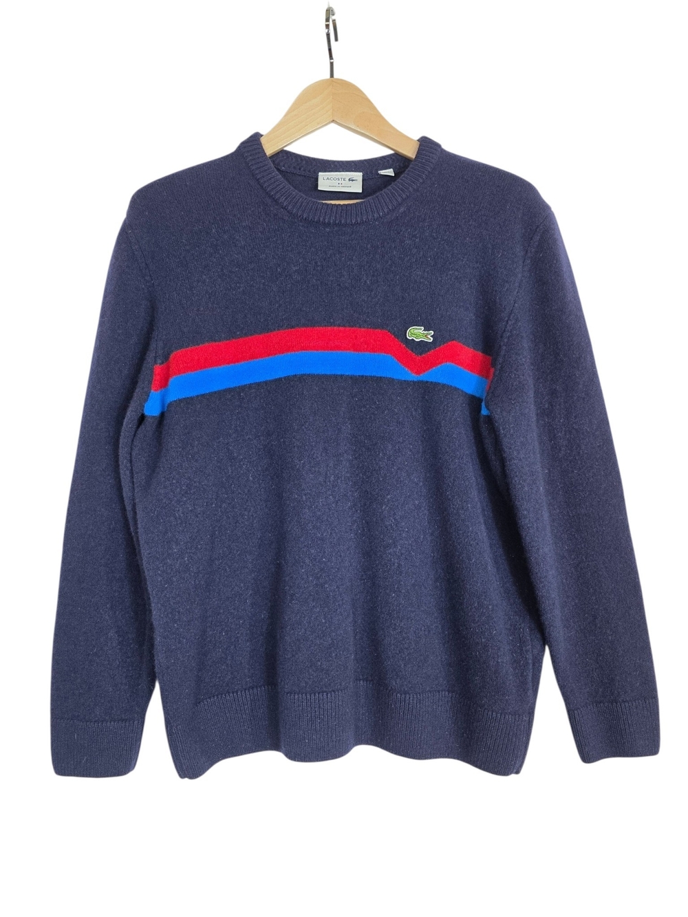 Lacoste Pure Wool Navy Crewneck Sweater with Red & Blue Stripes